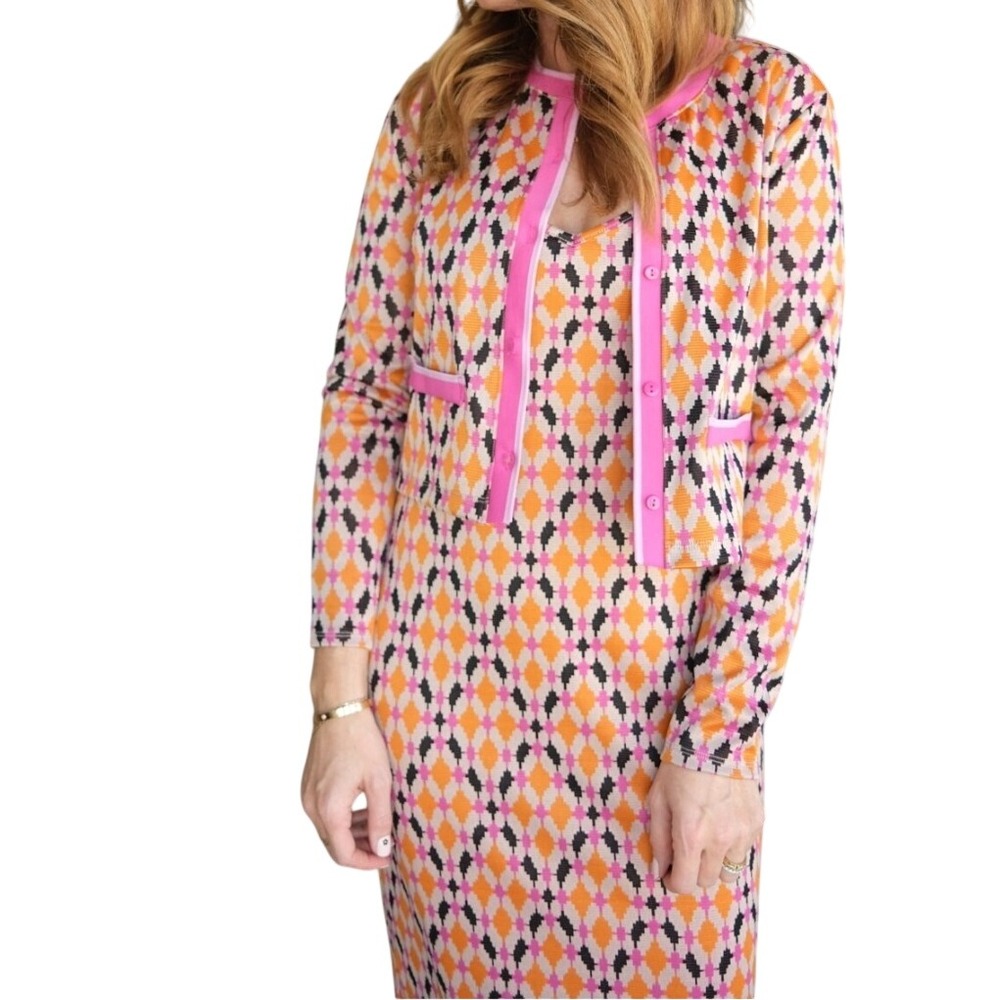 Scoop Womens 2-Piece Geometric Ribbed Knit Midi Dress and Cardigan Set Orange XS